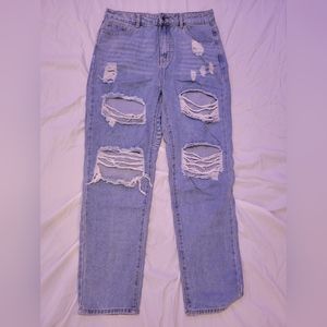 High waisted ripped baggy blue jeans